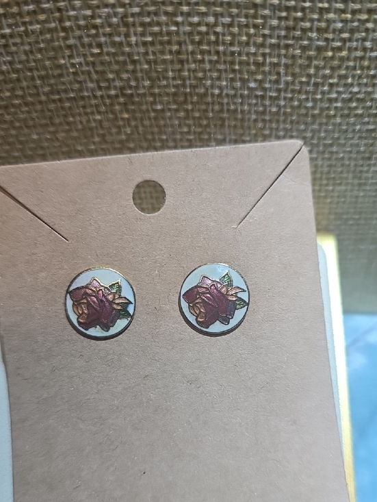 Jewelry - Cloisonne Rose Stud Earrings - Pink & Green Floral Enamel